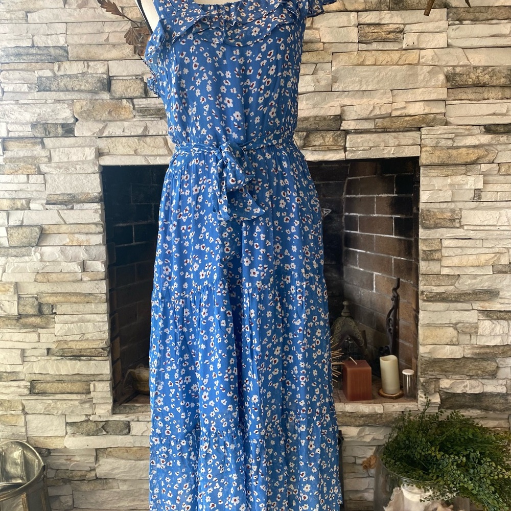 Amour Vert Dress Size L Blue Alexa-Brooklyn Floral $268 MSRP- Free Ship USA NWT